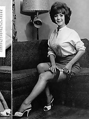 Timid chick lifts her skirt in order to let you take a glance at her legs in sexy vintage lingerie